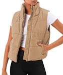 AUTOMET Puffer Vest Women Sleeveless Winter Cropped Outerwear Warm Puffer Lightweight Stand-up Collar Down with Pockets, Khaki, L