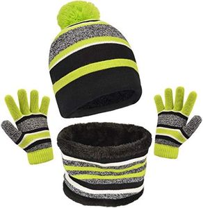 Winter Boys Hat and Glove Set Knitted for Age 3-6 Toddler Kids Cute Beanies with Pom & Neck Warmer Cold Weather, Green