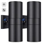 Modern Outdoor Wall Light with Dusk to Dawn Sensor, Exterior Light Fixture Wall Mount Waterproof Anti-Rust Cylinder, Up and Down 2 Lights Black Sconces for Porch Patio House Outside Entryway, 2-Pack