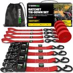 Rhino USA Ratchet Tie Down Straps (Set of 4) - 2000kg Max Break Strength, 4cm x 2.4m Heavy Duty Tie Downs with Hooks (4pcs) - Strap for Furniture Moving & Securing Cargo - Red