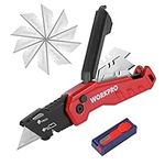 WORKPRO Folding Utility Knife, Quick Change Pocket Box Cutter, Razor Knife for Cartons, Cardboard, Boxes, Blade Storage in Handle, 13 Extra Blades Included(Red)