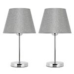 UOMIO Grey Bedside Lamps Set of 2 Small Silver Table Lamps with Fabric Shade and Metal Base Modern LED Nightstand Lamps E27 Base Desk Lamps for Bedroom Living Room 2 Packs