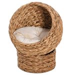 PawHut Woven Banana Leaf Elevated Cat Bed Wicker Kitten Basket Pet Den, House Cosy Cave with Soft Cushion Dome 50x42x60cm Brown