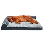 FurHaven XL Memory Foam Dog Bed Two-Tone Faux Fur & Suede L Shaped Chaise w/Removable Washable Cover - Stone Gray, Jumbo