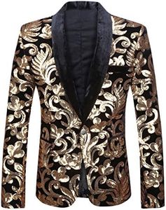 PYJTRL Men Fashion Velvet Sequins Floral Pattern Suit Jacket Blazer (Black Flat Collar, XXL)