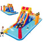 COSTWAY Inflatable Water Park, Bouncy Castle Jumper House with Slide, Climbing Wall, Water Gun and Splashing Pool, Outdoor Blow Up Activity Center for Kids