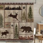 Bonhause Rustic Bear Deer Shower Curtain Forest Woodland Cabin Farmhouse Bathroom Curtain 180 x 180 cm Waterproof Mildew & Mould Resistant Polyester Fabric Bath Curtain with 12 Hooks