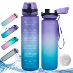 32oz Daily Water Bottle with Motivational Time Marker & Handle, Reusable Tritan Plastic BPA Free Leakproof Durable Water Jug, 1 Liter (1000ml) Frosted Fast-Flow Drinking Bottle for Gym, Work, Travel and Outdoor Sports (32oz/1000ml, Purple to Blue)