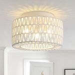 White Rattan Light Fixtures, Retro 11.8 inch 3-Light Boho Semi Flush Ceiling Light Hand-Woven Cage Shade Lamp Lighting for Hallway Nursery Kitchen Foyer Entryway