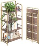 4NM No Assembly Folding Bookshelf, 4 Tier Vintage Industrial Book Shelf,Metal Foldable Storage Bookcase and Bookshelves for Living Room,Bedroom and Kitchen - Brown