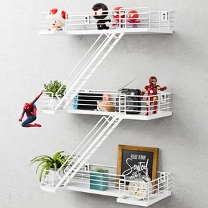 YEMNMFH 15 Inch Fire Escape Wall Shelf - White Metal Decorative Shelves, Eye-Catching Figurine Display Shelf Wall Mounted, Unique Ladder Home Décor for Knick Knack, Action Figure, Bedroom, Bathroom