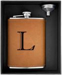 CARAKNOTS Personalized Gifts for Men Initial Custom Flask Birthday Monogrammed Gifts for Him Husband Father Engraved Leather Flasks for Liquor for Men Groomsmen Flask 8 OZ Stainless Steel Letter L