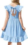 Flypigs Girls Ruffle Sleeves Dresses Princess Tie Back Scoop Neck Summer Beach Sundress for 11-12 Years Kids Light Blue