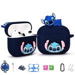 Stitch Soft Silicone Case for Apple Airpod 3, 8 in 1 Accessories Set Protective Cover,3D Anime Designed Cartoon Case/Keychain/Carabiner/Metal dust Sticker/Anti-Lost Rope