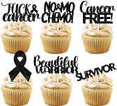 18pcs Black Glitter Dessert Cupcake Topper Cancer Chemo Free Survivor Warrior Theme Decor Supplies Breast Cancer Breast Care Awareness Birthday Party Decoration