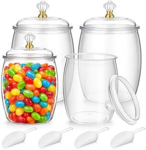 Mwellewm 4Pc Candy Jars with Lids 1 Gallon/64 OZ Clear Plastic Cookie Container with Scoops Large Airtight Apothecary Storage Organization Snack Buffet Canister for Wedding Home Kitchen Bar Decoration