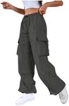 SweatyRocks Women's Drawstring Elastic Waist Loose Pants Casual Flap Pocket Cargo Pants Trousers Dark Grey Medium