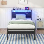 HOJINLINERO Single Bed Frame with Storage Shelf Headboard & LED Lights,Metal Platform Bed Frame with Charging Station,Mattress Base/Strong Slats Support/UnderBed Storage/Easy Assembly for Adults,Black
