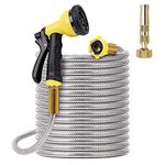 FOXEASE Metal Garden Hose 50FT - Stainless Steel Heavy Duty Water Hose with Metal Nozzle & 8 Function Sprayer, Portable & Lightweight Kink Free Yard Hose, Outdoor Hose