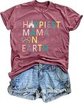 Mama T Shirt Women Happiest Mama On Earth Letter Print Shirt Funny Castle T-Shirt Inspirational Gift Tee Tops, Pink1, X-Large