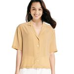 Silk Blouse for Women Button Down Shirts: Women's Short Sleeve Elegant Shirt 100% Pure Silk Casual Tops Summer Luxury Blouses, Latte, Large