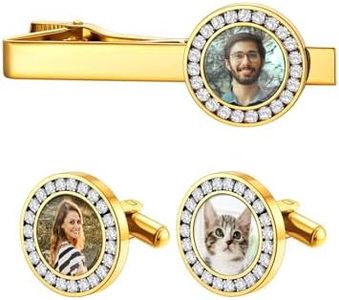 Custom4U Photo Cufflinks and Tie Clip Set for Men Custom Cuff links with Picutre Cubic Zirconia Cufflinks Customized Memory Wedding Father's Day Gifts for Him Dad Husband