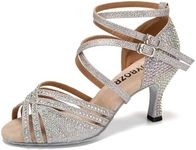 RUYBOZRY Women's Latin Dance Shoes Open Toe Dance Heels Salsa Ballroom Bachata Dance Ankle Strap Shoes,YC-D27-Suede Sole-3" Heel,Silver,US 8