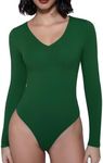 Avidlove Bodysuits Snap Crotch Womens Body Suits Tops Long Sleeve Going Out Tops V Neck Bodysuit 2024 Fashion(Green,XXL)