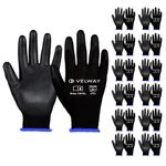 Velway 12 Pairs Safety Work Gloves - Firm Grip Gardening Gloves Non-Slip PU Coated Builders Gloves Lightweight Breathable Protective EN388 Mechanic Working Gloves for Men Women Black (Size 10/XL)