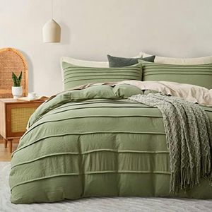 Sage Green Quilt Cover Queen Size, 3 Pieces Boho Pleated Duvet Cover Set Pinch Textured Bedding Set, Breathable and Cozy Duvet Cover with Zipper Closure