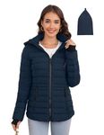 SLOWTOWN Women’s Lightweight Puffer Jacket Packable Hooded Puffer Jacket Winter Puffy Jacket (Navy Blue, Medium)