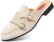 XQWFH Men's Slip-on Mule Sandals Loafer with Gold Buckle,Fashion Leather Formal Wear Casual Backless Dress Slippers, Beige, 13