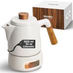 MIAMIO - Tea Pot with Warmer (1000ml) - Premium Ceramic Teapot with Infuser for Loose Tea - Teapot Ceramic with Removable Strainer (White)