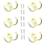 Yesmin 6 Pcs Double Prong Robe Hooks, Dual Coat Hooks Wall Mounted Hanging Clothes for Bathroom Bedroom Door Wall Retro Metal Cloth Hanger Double Coat Hooks with 8 Screws-Gold