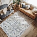 JINCHAN Area Rug 5x7 Blue Vintage Mat Traditional Area Rug Kitchen Accent Rug Foldable Thin Rug Retro Floor Cover Soft Distressed Floral Print Indoor Mat for Bedroom Living Room