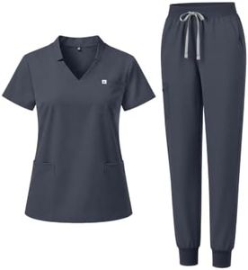 Eadflie Scrubs for Women Set- V-neck Slit Top & Tapered Jogger Pants, 8-Pocket Stretch Uniforms for Nurses & Healthcare Professionals- [Charcoal Gray/M]