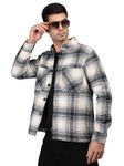 CHKOKKO Men Winter Shacket Stylish Flannel Plaid Jacket Shirt BeigeNavyL