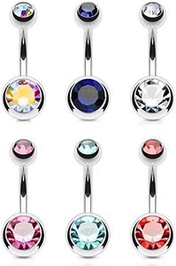 FIFTH CUE 14GA Black Titanium IP 316L Double CZ Barbell Belly Ring (6pcs AB, Blue, Clear, Pink, Aqua, Red)