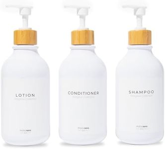 MaisoNovo Refillable Shampoo and Conditioner Bottles | 16.9 fl oz Set of 3 White Plastic Bottles White Bamboo Pumps