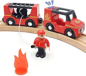 Wooden Train Cars Track Accessories Set Rescue Fire Truck Small Vehicles Magnetic Train Cars Fit for Wooden Train Track Railway for Boys and Girls (Fire Truck(with Light and Sound))