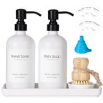 Modern Kitchen Glass Soap Dispenser: 16oz Soap Dispenser Bathroom with Stainless Steel Pump 2 Pack Hand and Dish Soap Dispenser with Ceramic Tray,for Bathroom Countertop(White & White)