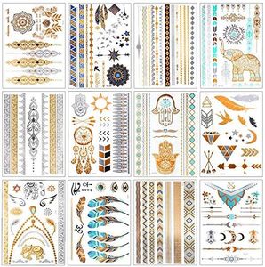 12 Sheets Metallic Temporary Tattoos for Women Teens Girls Tattoos Gold Silver Glitter Flash Waterproof Tattoo Stickers，Realistic Feather, Sexy Floral Flower Branch Arm Neck Face Tattoo Sticker Kit