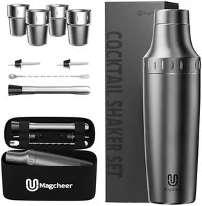 Magcheer Hybrid Cocktail Shaker Set with Stackable Cups | Vacuum Insulated Stainless Steel Martini Shaker & Bartender Tools | Travel-Ready Kit | 30oz | Gunmetal Gray