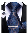 DiBanGu Men's Necktie Handkerchief Silk Paisley Tie Pocket Square Cufflink Set (Blue)(Size: 150cm)