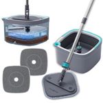 Square Spin Mop and Bucket Smart Floor Mop with Separate Compartments for Clean and Dirty Water, Self Cleaning with 2 Machine Washable Mop Pads, Always Clean Floors with Clean Water