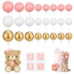 HEQU 29 Pcs Ball Cake Topper Bear Cake Topper Baby Shower Cake Decorations with Cute Bear Pink Baby Letter Pink Gold White Foam Balloon for Baby Shower Cake Topper Girl Boy(Pink)