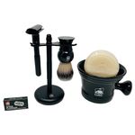 GBS Men's Grooming Set - Black Matte Double Edge Razor w/Travel Case + Safety Blades, Pure Bristle Shave Brush, Heavy Duty Lather Mug, Black Stainless Brush & Razor Stand & Natural Shaving Soap