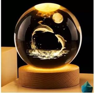 Crystal Ball Night Light Projection Lamp Planet Model,3D Crystal Ball with Led Wooden Base for Christmas Thanksgiving Birthday, Home Room Decor LED Night - USB Powered with Switch (Dolphin, 6CM)