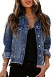 Sidefeel Womens Denim Jacket Distressed Jean Washed Long Sleeve Boyfriend Raw Hem Ripped Jackets for Women with Pockets Blue 2023