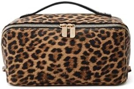 EACHY Travel Makeup Bag for Women, Large Leopard Print Cosmetic Bag with Upgraded Sturdy Zippers, Waterproof Leather Toiletry Organizer Pouch for Skincare Accessories